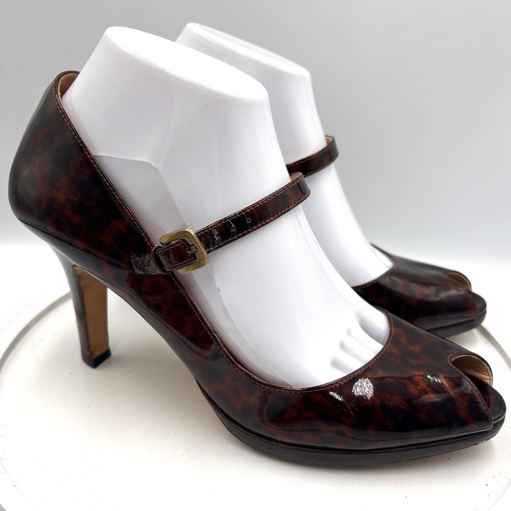 Cole Haan Nike Air Heels 9AA Brown Tortoiseshell Mary Jane Peep Toe Patent